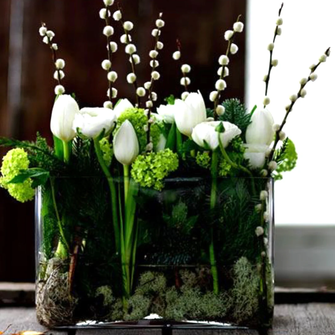 Tulips, pussy willow and a woodland garden
