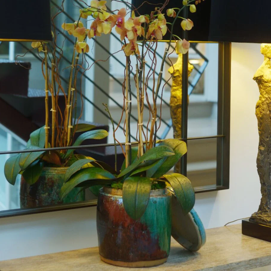 Orchids over patinated ceramic